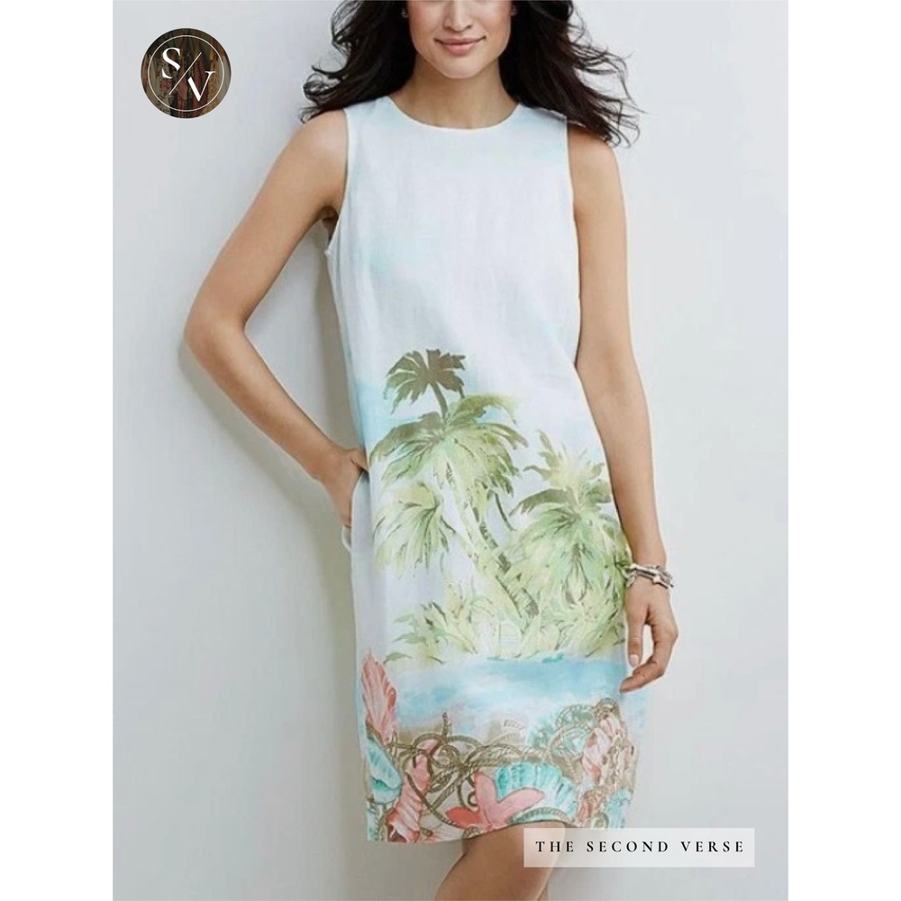 J. Jill Love Linen Sleeveless Shift Dress Womens Coastal Tropical Palm Tree L